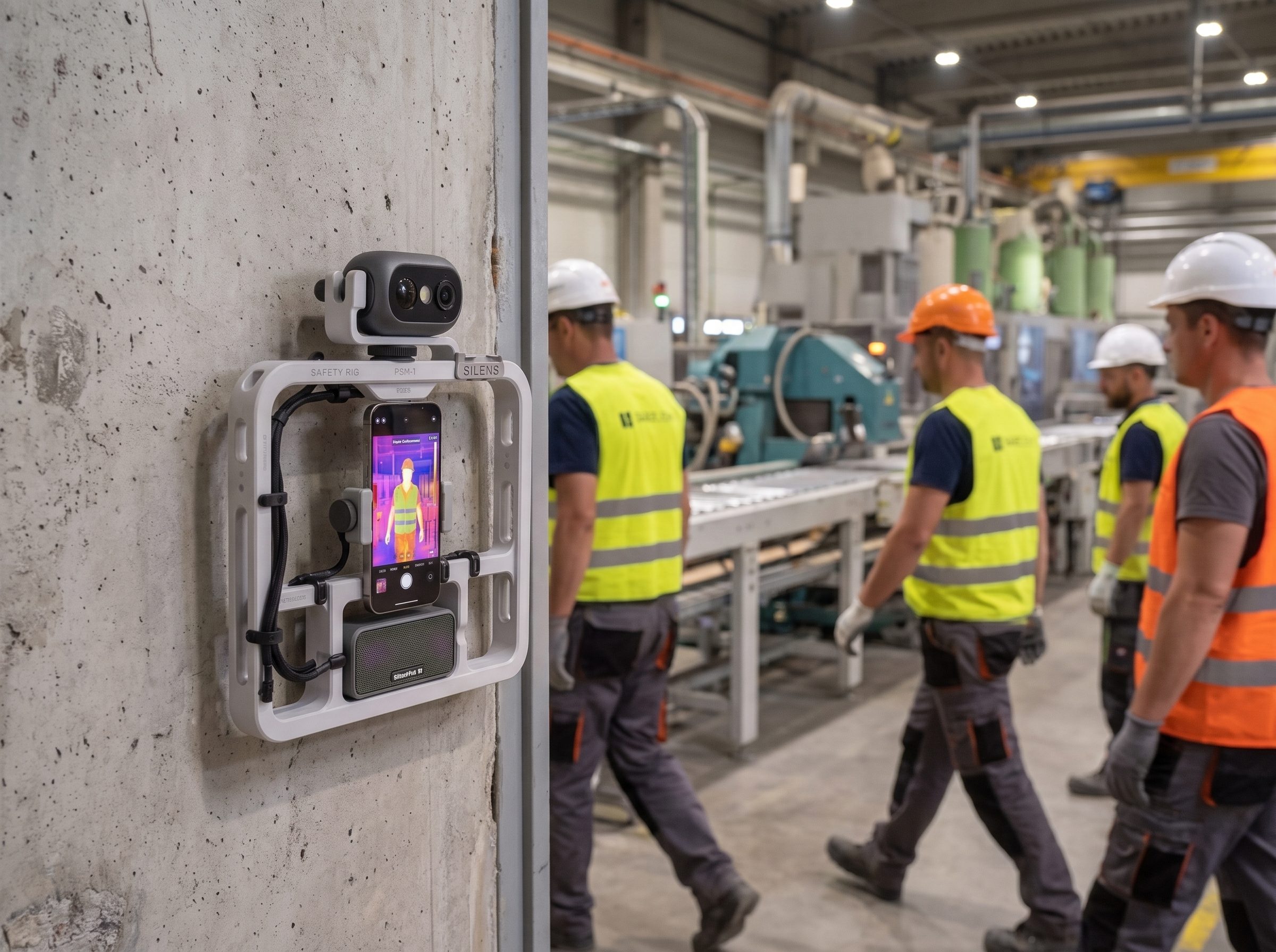 The SILENS rig mounted on a concrete pillar at the entrance to a production floor, its screen checking a worker as a team in hard hats and hi-vis walks past.