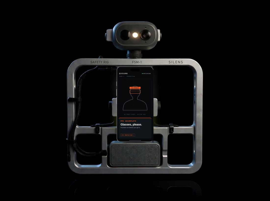 The rig's screen in orange: PPE incomplete. Glasses, please.
