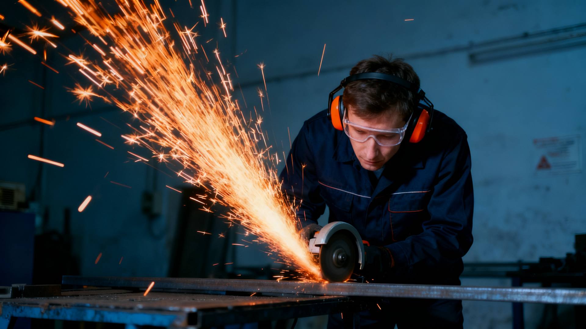 The same worker at the same grinder, now wearing his safety glasses as the sparks fly.
