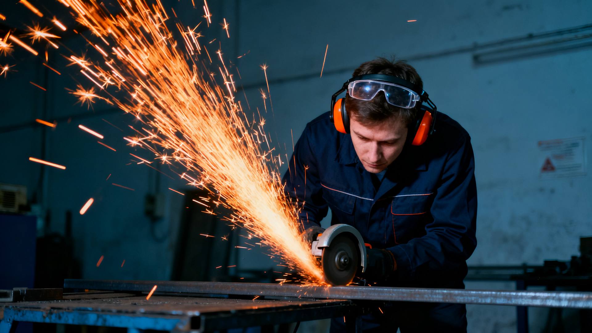 A worker cuts steel with an angle grinder. His safety glasses are pushed up on his head and sparks fly toward his bare eyes.