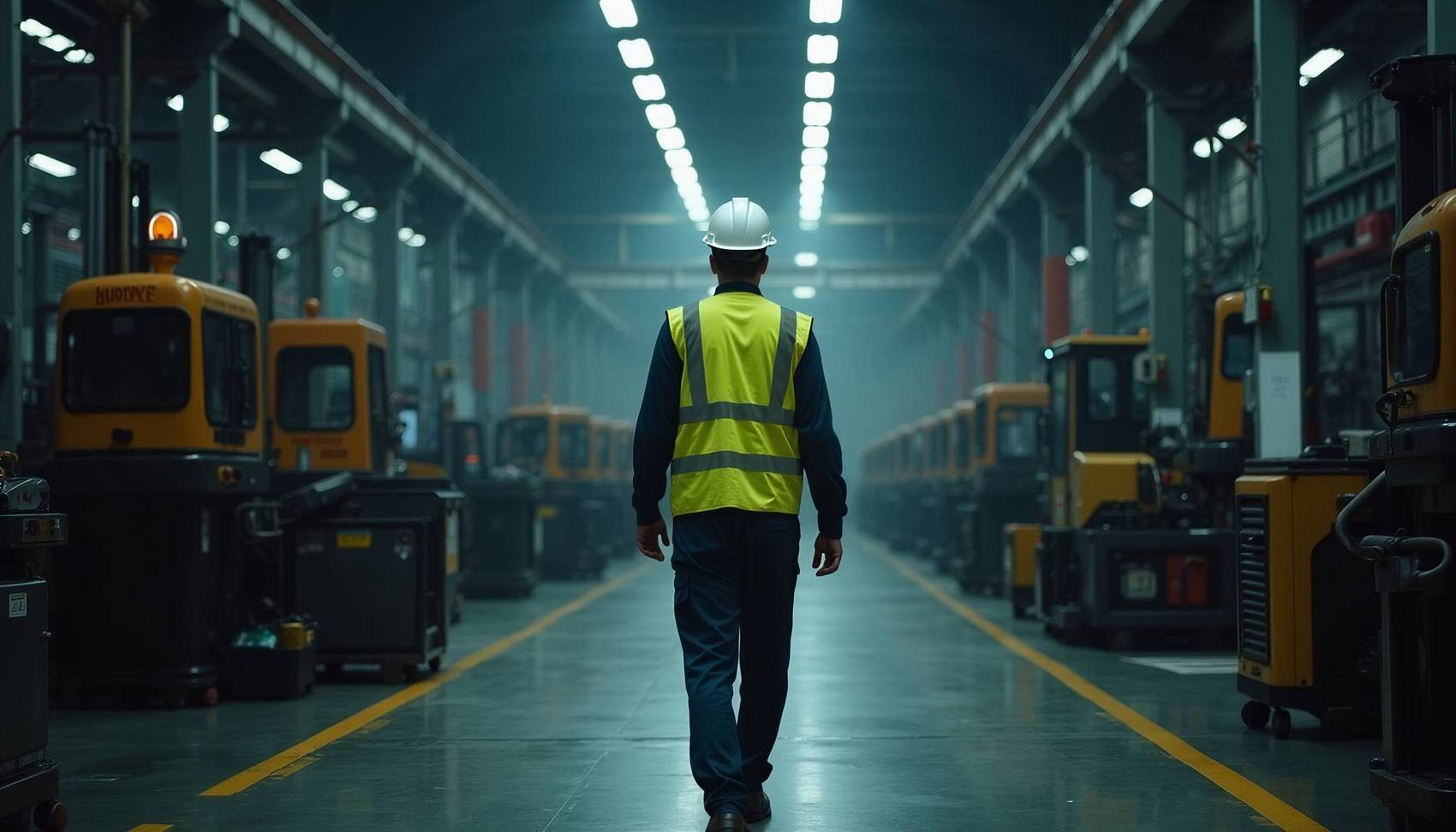 A worker in a hard hat and high-visibility vest walking down a factory aisle.